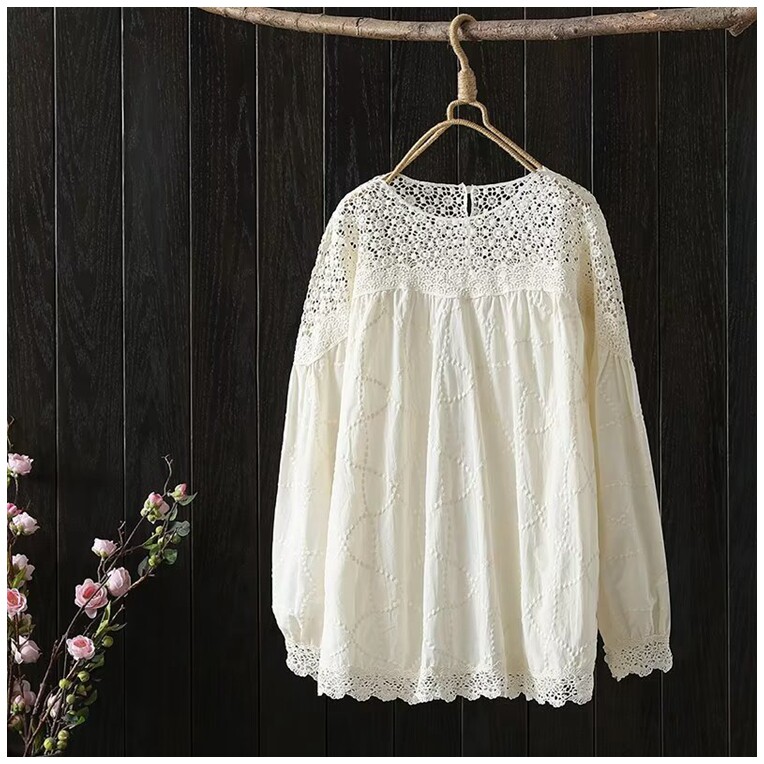 外贸女装2022秋季新款韩版时尚镂空花边拼接衬衫长袖提花显瘦衬衣