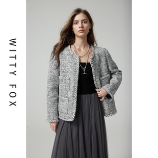 WITTYFOX限定明星同款 日本进口篙定香风粗花呢时髦拉链小香外套