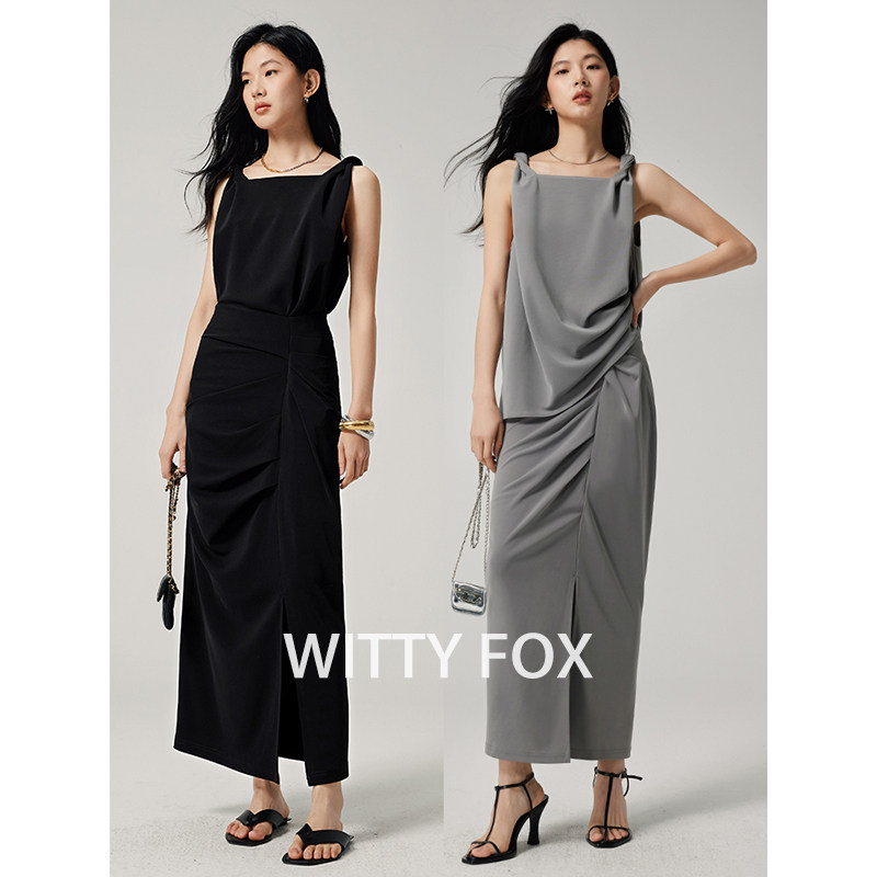 WITTYFOX奢牌同款时髦立体扭结日本进口三醋酸无袖背心吊带半身裙 - 实物图