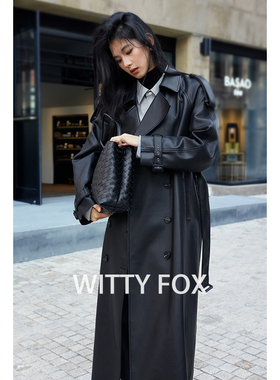 WITTYFOX秀场经典战袍西班牙进口超纤皮系带廓形风衣长皮衣外套女