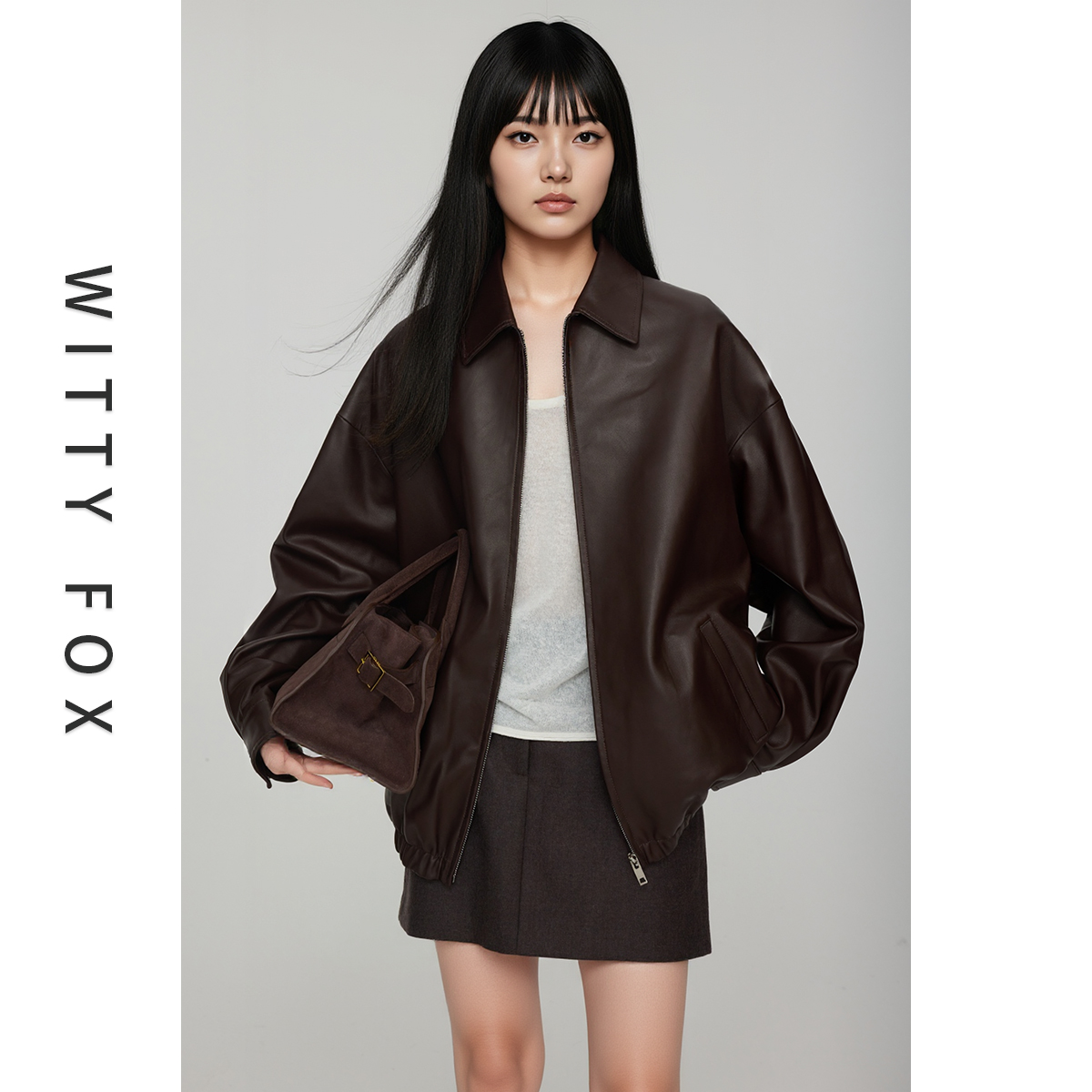 WITTYFOX廓形羊皮皮衣