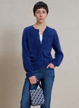 WITTYFOX纯羊绒水洗拉毛开衫极简风女长袖针织衫蓝色绿色毛衣外套