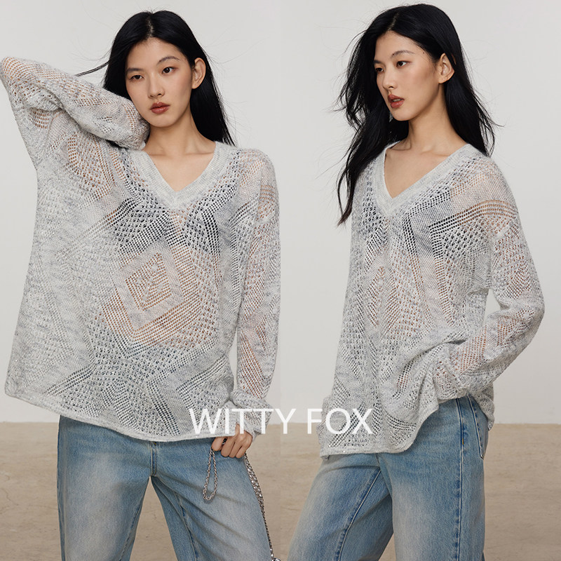 WITTYFOXchao细马海毛羊毛宽松廓形V领毛衣镂空罩衫女