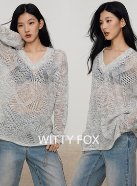 WITTYFOXchao细马海毛羊毛宽松廓形V领毛衣镂空罩衫女