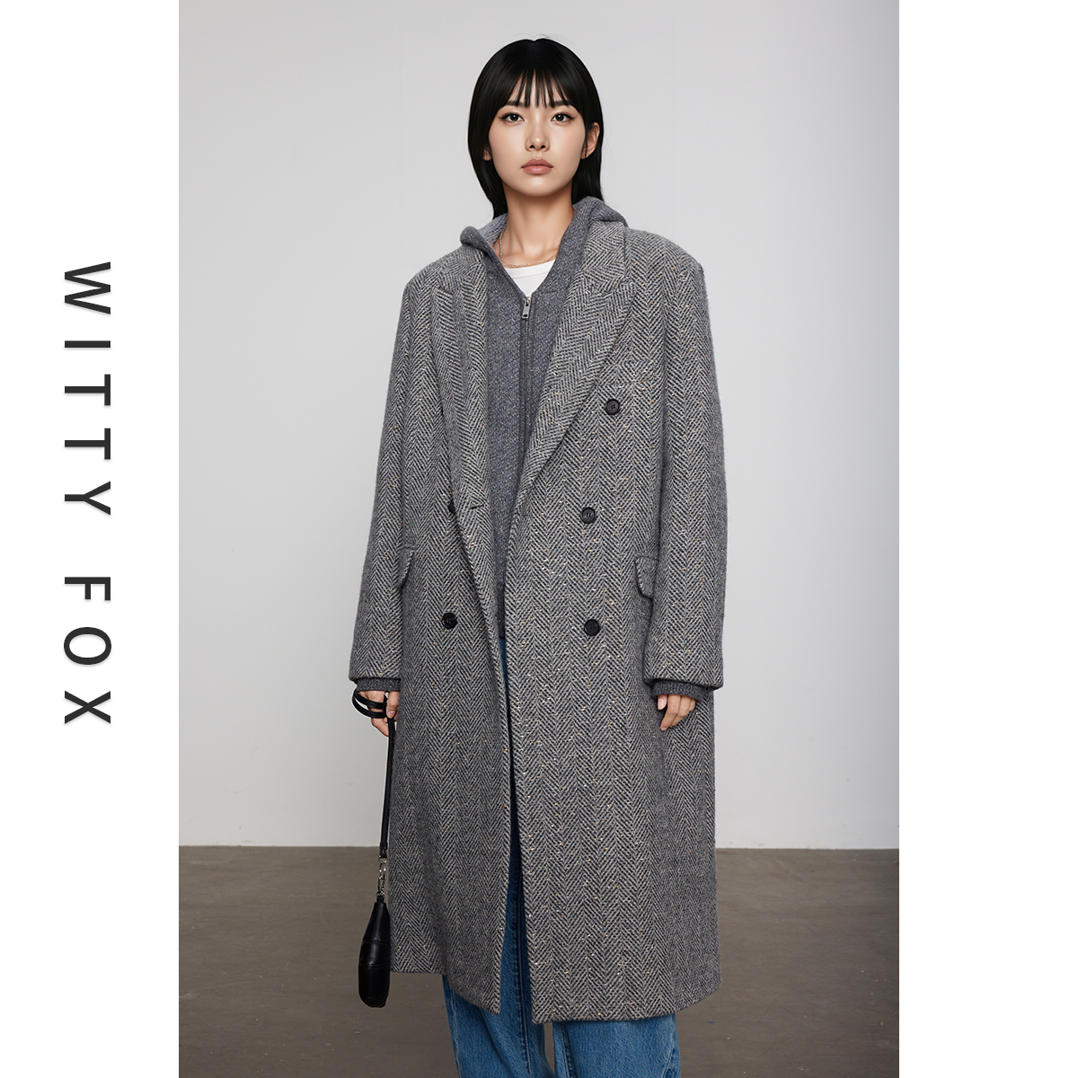 WITTYFOX长款人字纹毛呢大衣
