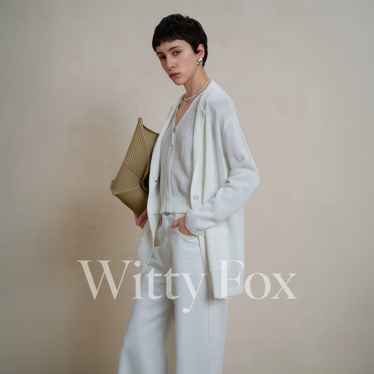 WITTYFOX清爽透气和纸纱西装背心连衣裙套装春夏通勤懒人白色针织