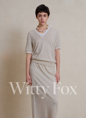 WITTYFOX短袖V领羊毛衫女宽松披肩式针织衫开衫套装女装26年春季