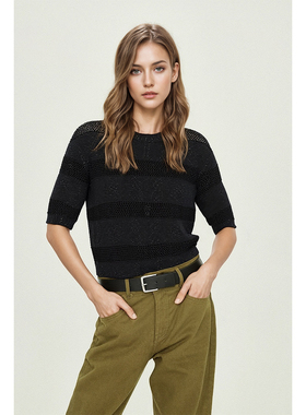 WITTYFOX法式镂空钩花亮片凉感微透短袖针织衫女上衣2025秋季新款