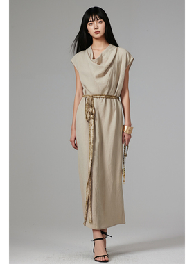 WITTYFOX奢牌同款麻感三醋酸无袖荡领R0W风显瘦连衣裙女