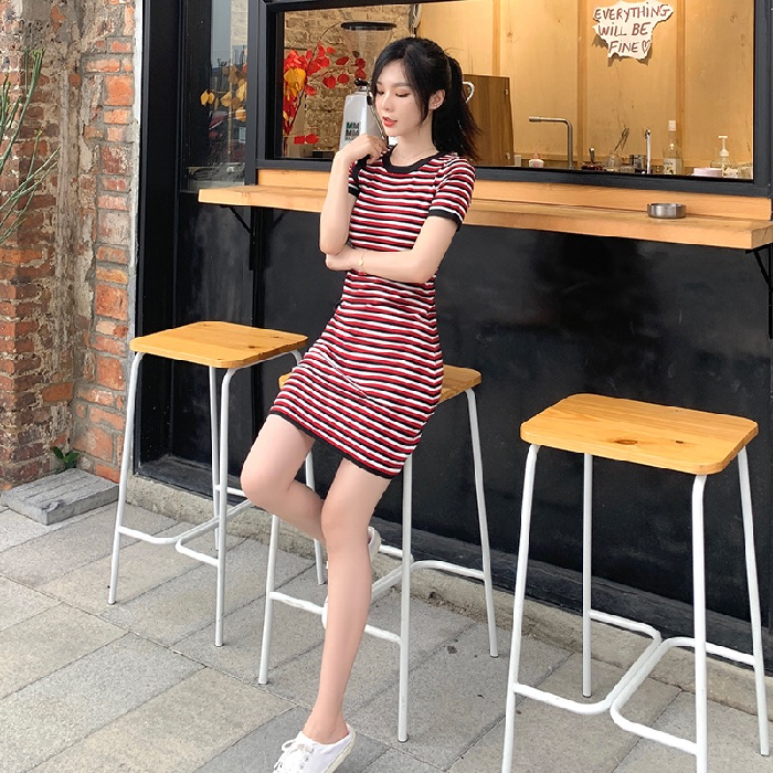 2021 summer new round neck print dress slim fashion versatile stripe Hong Kong Style T-shirt A-line skirt