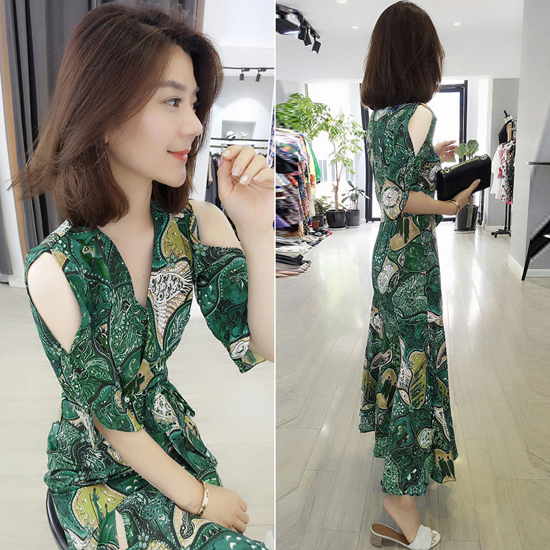 Europe station summer dress women's 2020 new European Korean fashion floral long skirt off shoulder chiffon dress