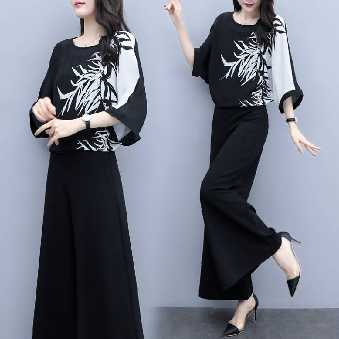 Summer new women's printed belly covering casual fashion suit women's large black two piece wide leg pants