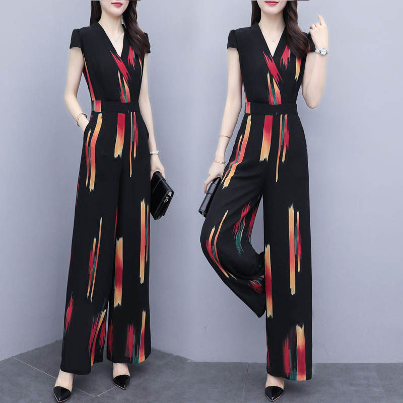 Fashion casual Jumpsuit V-neck black women 2020 summer new print slim Jumpsuit High Waist Wide Leg Pants