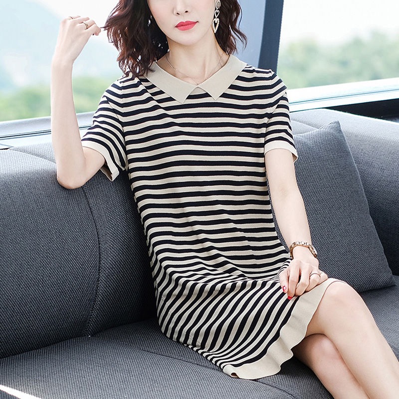 2021 summer new ice stripe short sleeve casual medium long stripe polo collar dress Lapel T-shirt skirt