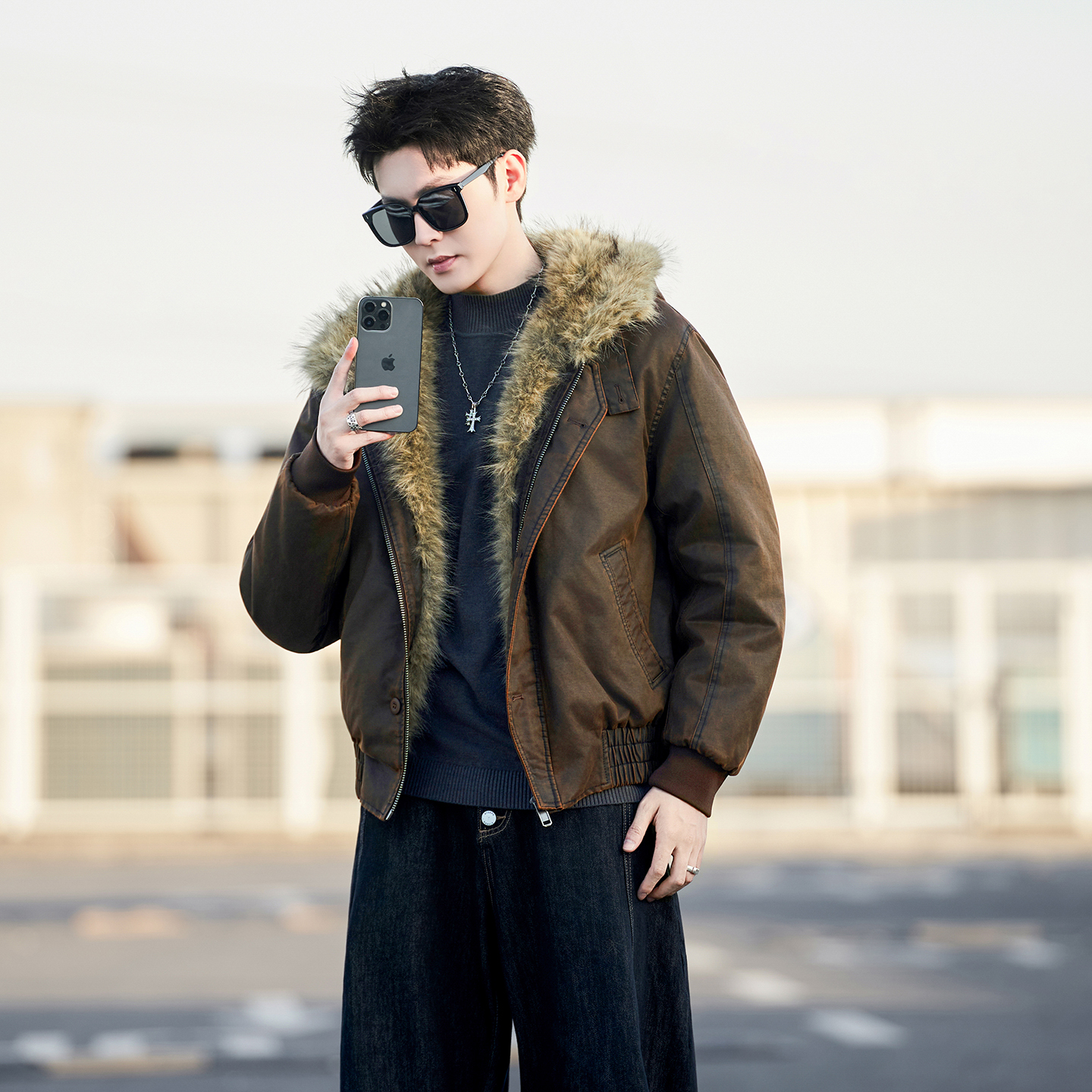 新款加厚连帽复古皮衣毛领飞行员夹克男保暖外套6699P268，男装夹克，星座615（原A358-1）