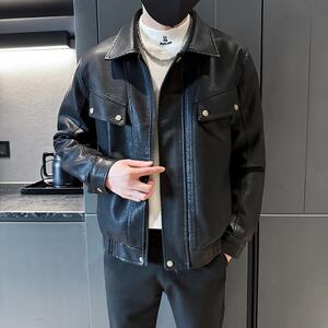 2025新款店主风加绒pu皮夹克男士潮流翻领外套7807P135,冬季2岁宝宝穿搭图片