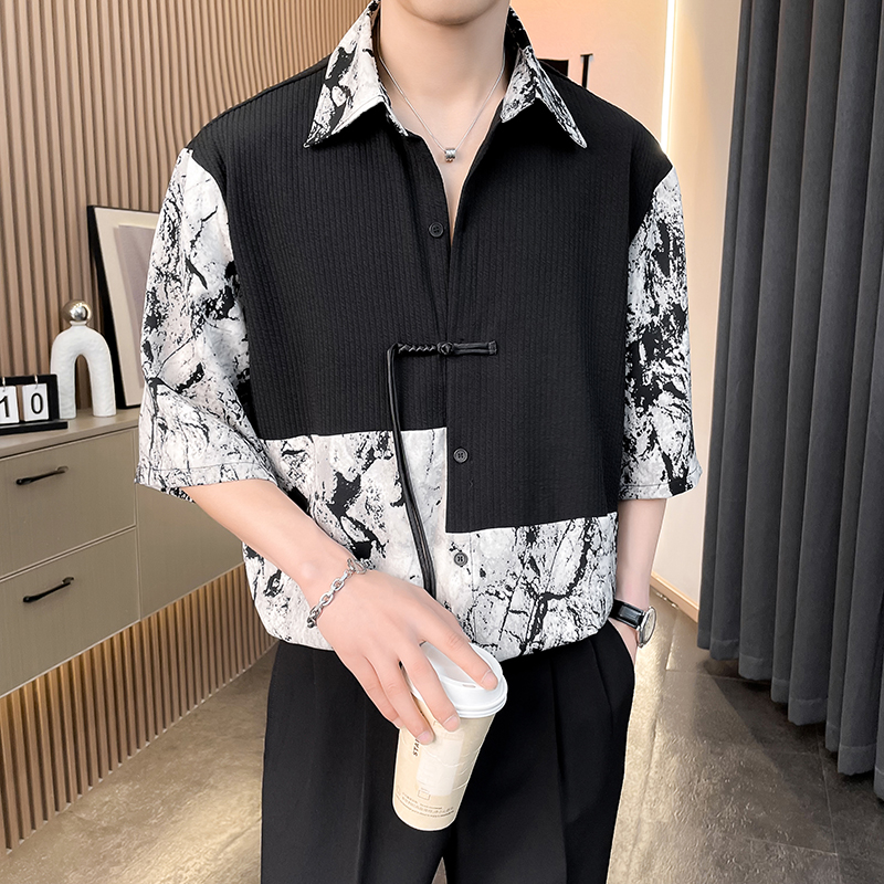水墨花衬衫男短袖2025夏季高级感轻奢冰丝衬衣8828长P45短P42，男装T恤，星座615（原A358-1）