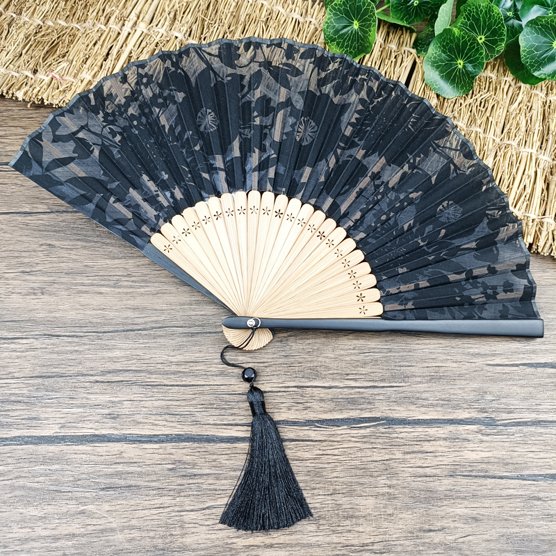 日式和风棉布小扇子日式便携折叠扇唯美黑色粉色扇子