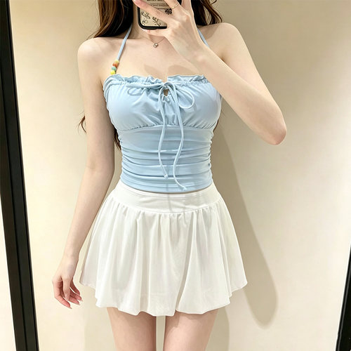 保守学生绝美高级感蓝色遮肚显瘦2026年新款纯欲分体泳衣女夏成人