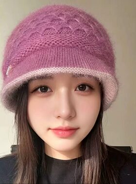 秋冬季双面戴毛线渔夫帽针织帽加厚加绒毛帽中年女士防寒护耳盆帽