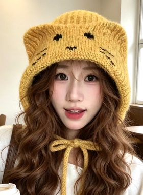 可爱猫耳系带帽子女款秋冬季新款防寒护耳保暖针织帽显脸小套头帽