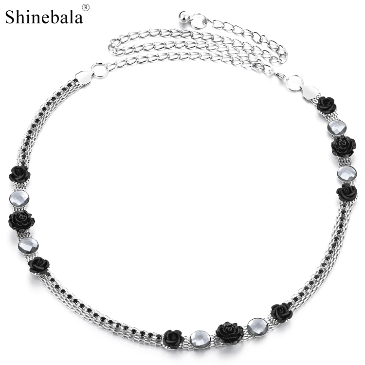 Shinebala水钻肚皮舞腰链 女士花朵钻细金属腰带 连衣裙百搭腰链