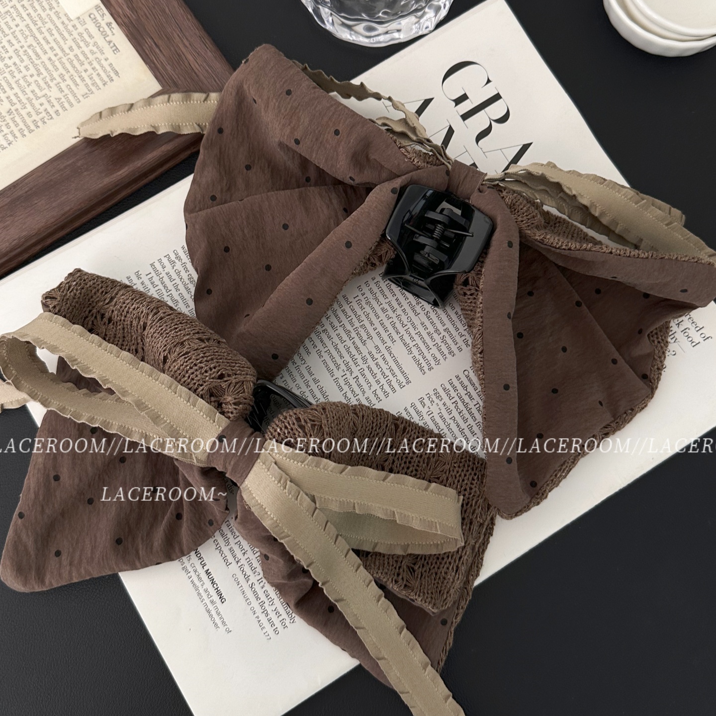 韩系波点蝴蝶结飘带抓夹女秋冬新款高级感半扎盘发马尾鲨鱼夹头饰