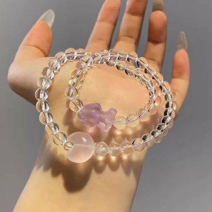 【快乐小熊】时尚小熊粉月亮白水晶手串双圈送朋友送闺蜜礼物手链