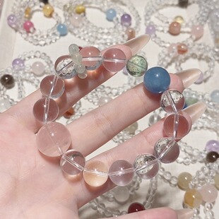 时尚设计款白水晶海蓝宝粉水晶绿莹石葡萄石小跑环水晶手串手链