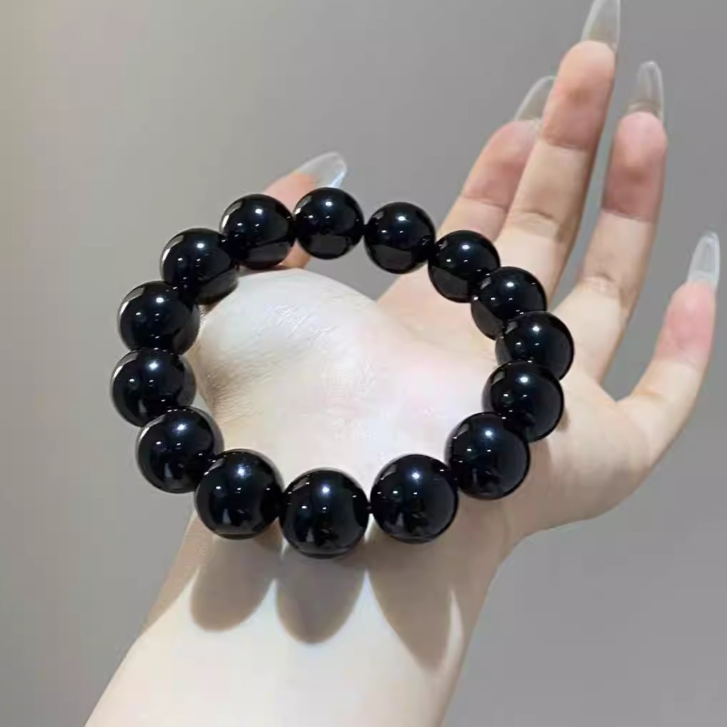 天然圆润乌金黑曜石手串本命年转运珠男女情侣送朋友手链礼物