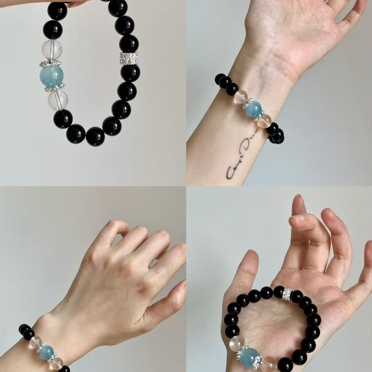 黑曜石海蓝宝白水晶手串小众饰品情侣手链送朋友礼物