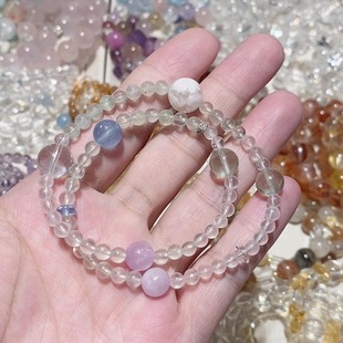 葡萄石粉水晶双圈手串手链紫锂辉绿萤石海蓝宝雪花幽灵