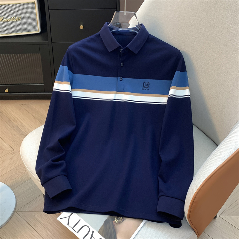 H家、余单!少量现货!商务时尚长袖Polo衫秋季男士条纹镶拼T恤衫