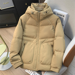 H家、余单!少量现货!卡其色休闲连帽羽绒服秋冬白鹅绒保暖外套