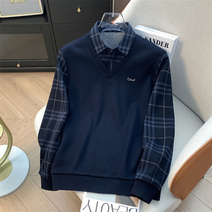 藏青格子针织衫 少量现货 假两件加绒加厚保暖毛衣男 余单 H家