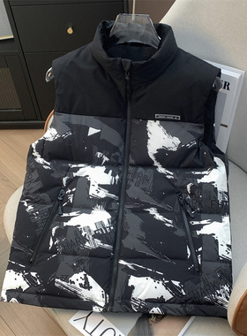 H家、余单！少量现货！90白鸭绒 黑色花纹迷彩无袖马甲羽绒背心男