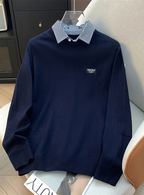 H家、余单！少量现货！藏青双领长袖针织衫25秋季舒适修身假两件