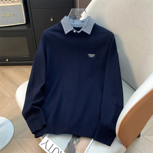 H家、余单！少量现货！藏青双领长袖针织衫25秋季舒适修身假两件