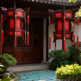 中式木质仿古实木六角宫灯装饰户外阳台室内印字创意吊中国风吊灯