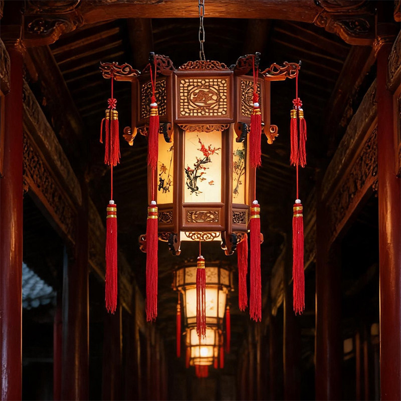 中式实木宫灯六角大红新年羊皮古典结婚阳台吊灯户外仿古灯笼挂饰