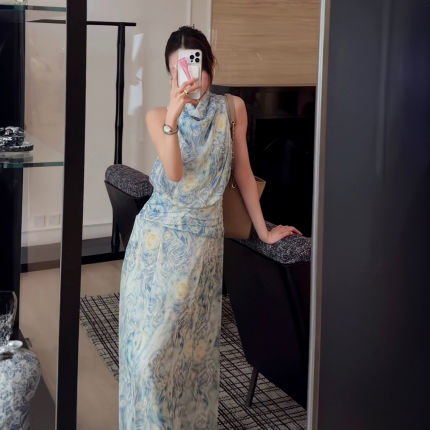 法式气质无袖衬衫+优雅半身裙女2026夏季新款洋气百搭印花两件套