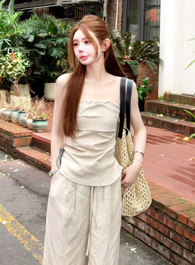 夏季老钱风白色抹胸上衣亚麻套装女夏阔腿裤夏日ootd穿搭一整套潮