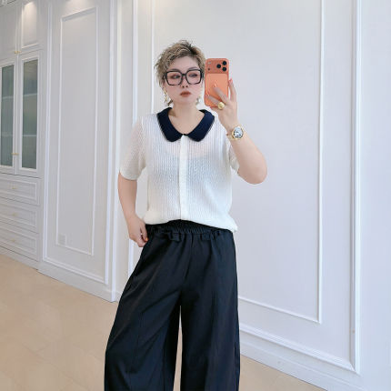 2026夏娃娃领针织衫大码女装显瘦减龄短袖上衣200斤胖mm撞色开衫