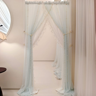 免打孔魔术贴法式奶油风门帘隔断帘双层透光不透人影超高亮珍珠串