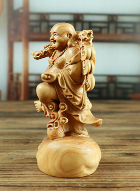 黄杨木雕家居工艺品手把件人物佛像摆件木质雕刻铜钱弥勒