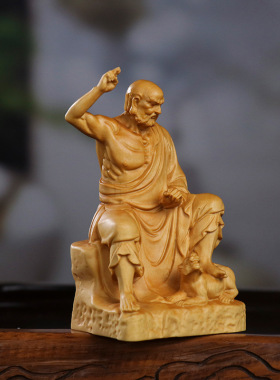 小叶黄杨木雕伏虎罗汉摆件新中式木质家居神像客厅礼品收藏品摆饰