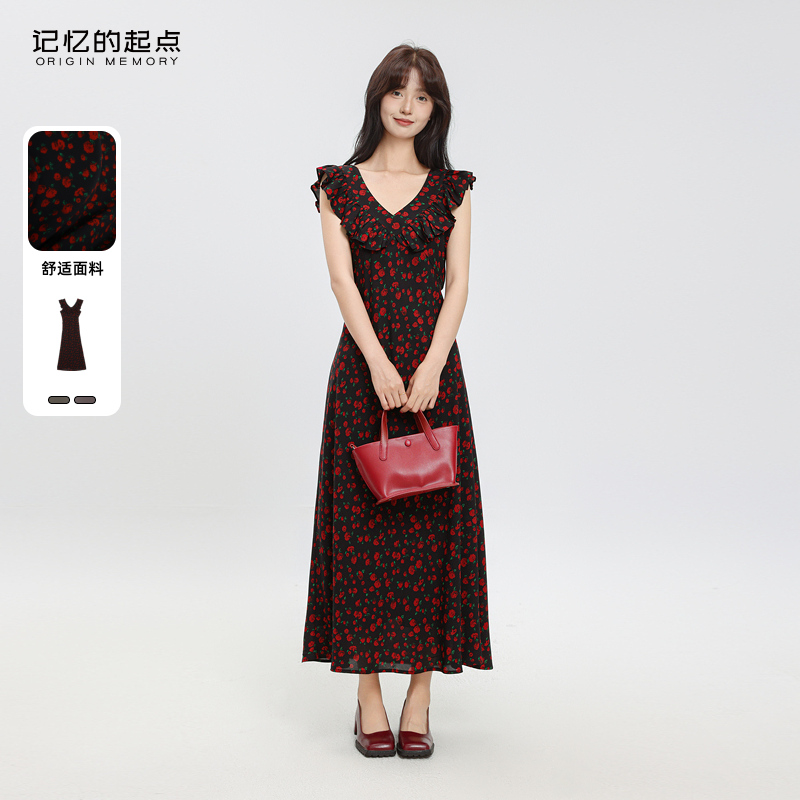 记忆的起点无袖碎花连衣裙收腰气质长裙女2025夏季新款69AX8