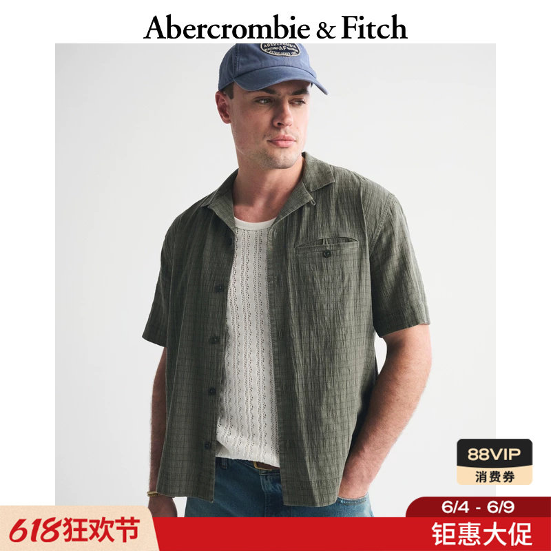 AF美式复古黑色多色棉质肌理感条纹短袖衬衫26夏新款男装125-6490