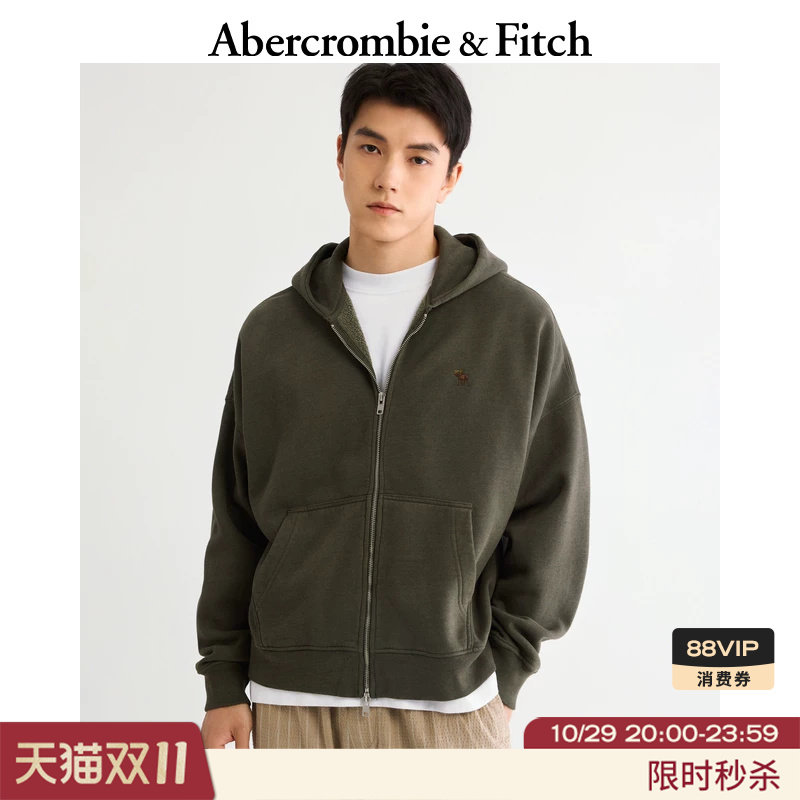 AF经典小麋鹿图案保暖抓绒连帽拉链卫衣外套26秋冬男装122-6629