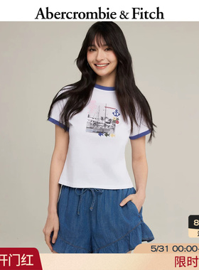 AF美式复古航海风图案白色撞色棉质短袖T恤26夏女装157-6093
